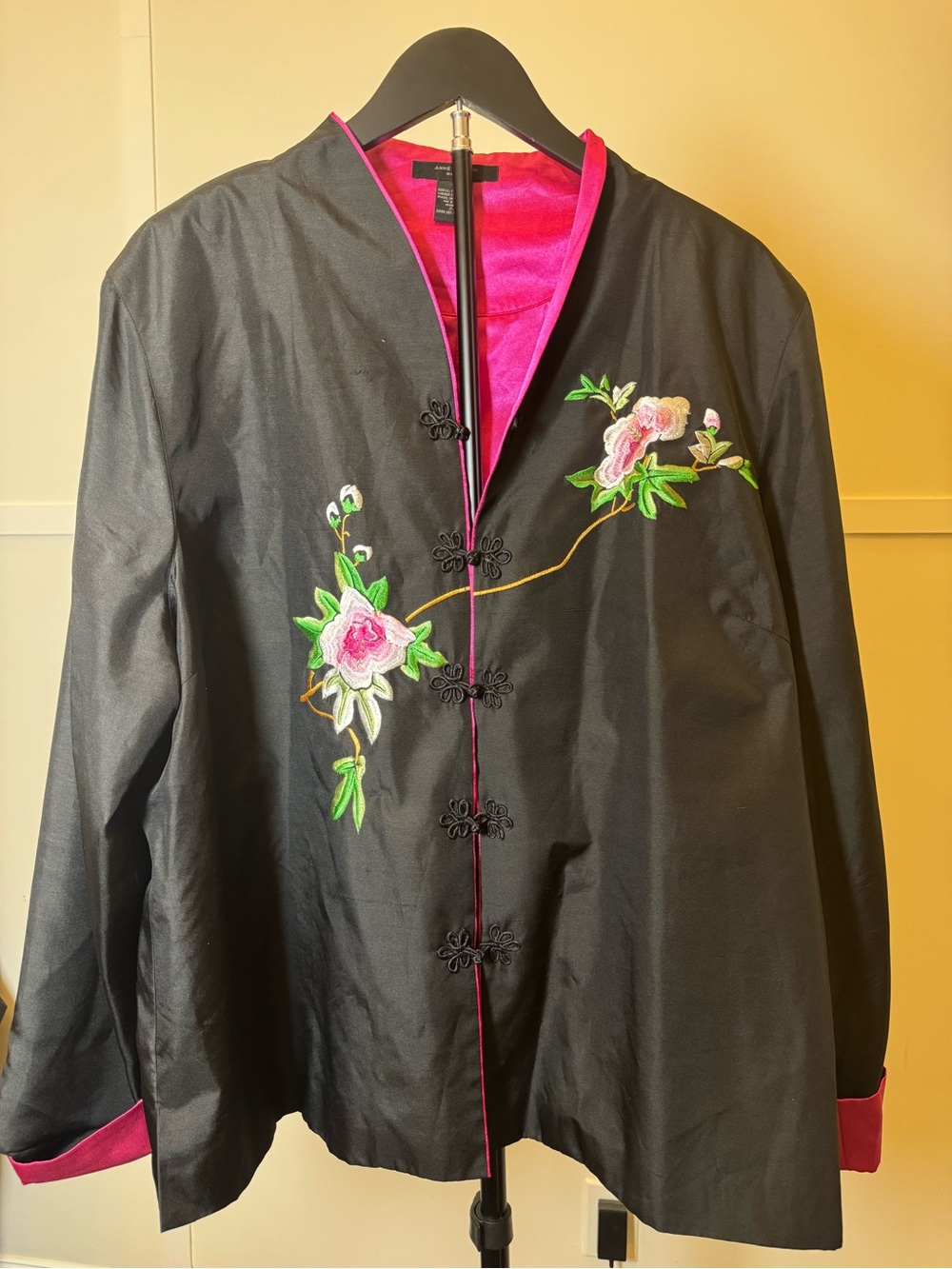 Anne Carson Silk Jacket Black Pink Vintage Quiet Luxury Artsy Boho Size 2X
